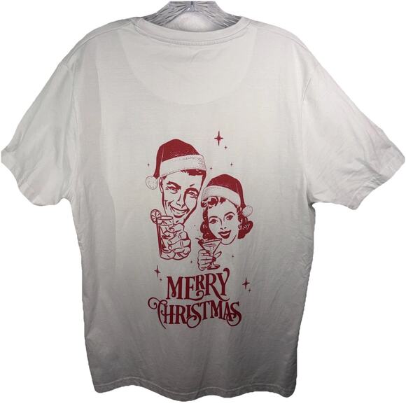 DENIM & FLOWER•Ricky Singh Sz Large White Tee w/Red Vintage-like Christmas Toast - Picture 2 of 7